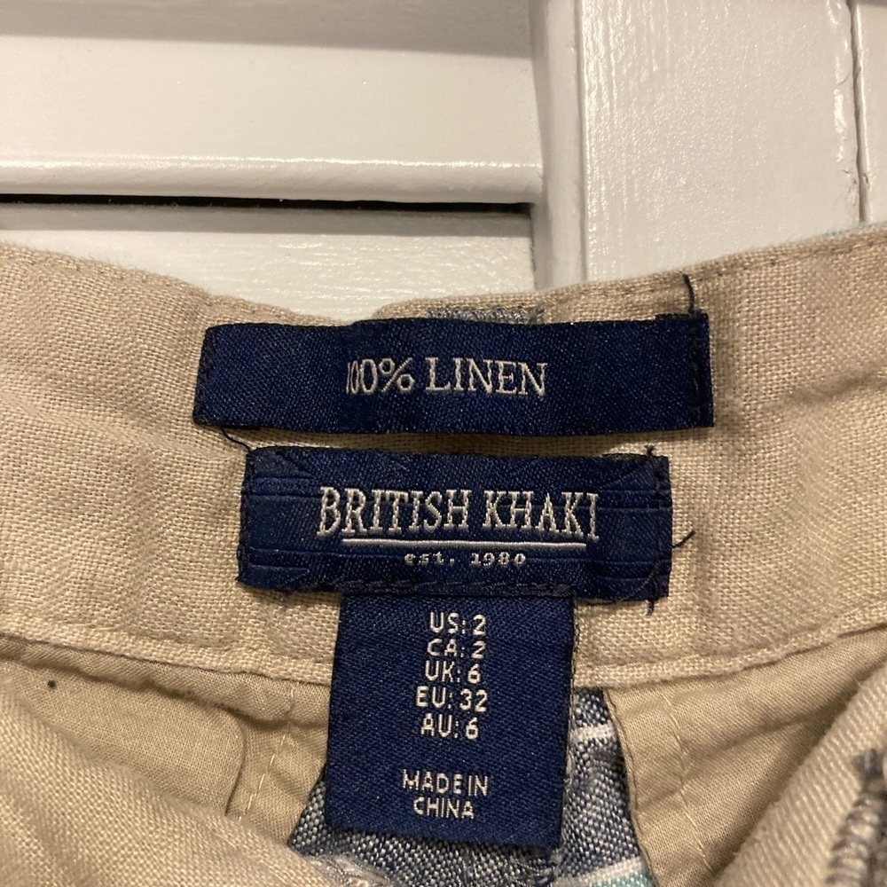 British Khaki 100% Linen Tan And Blue Striped Shorts Size 2 - Picture 8 of 9